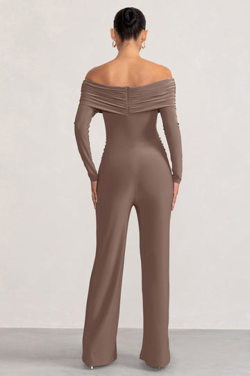 Nuala Mocha Bardot Maternity Jumpsuit with Long Sleeves